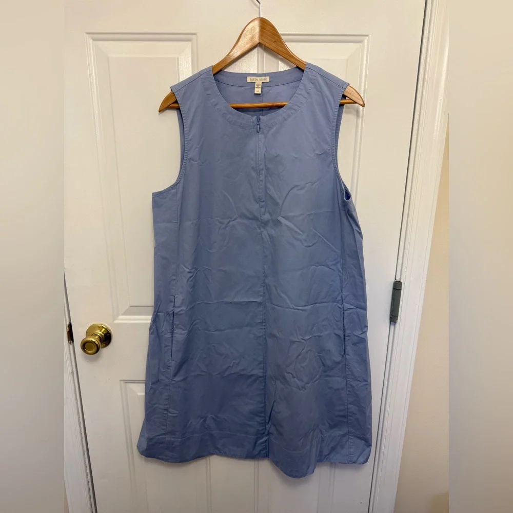 Eileen Fisher Sleeveless Organic Cotton Poplin Dress Quarter Zip Light Blue Sz M - Picture 2 of 10